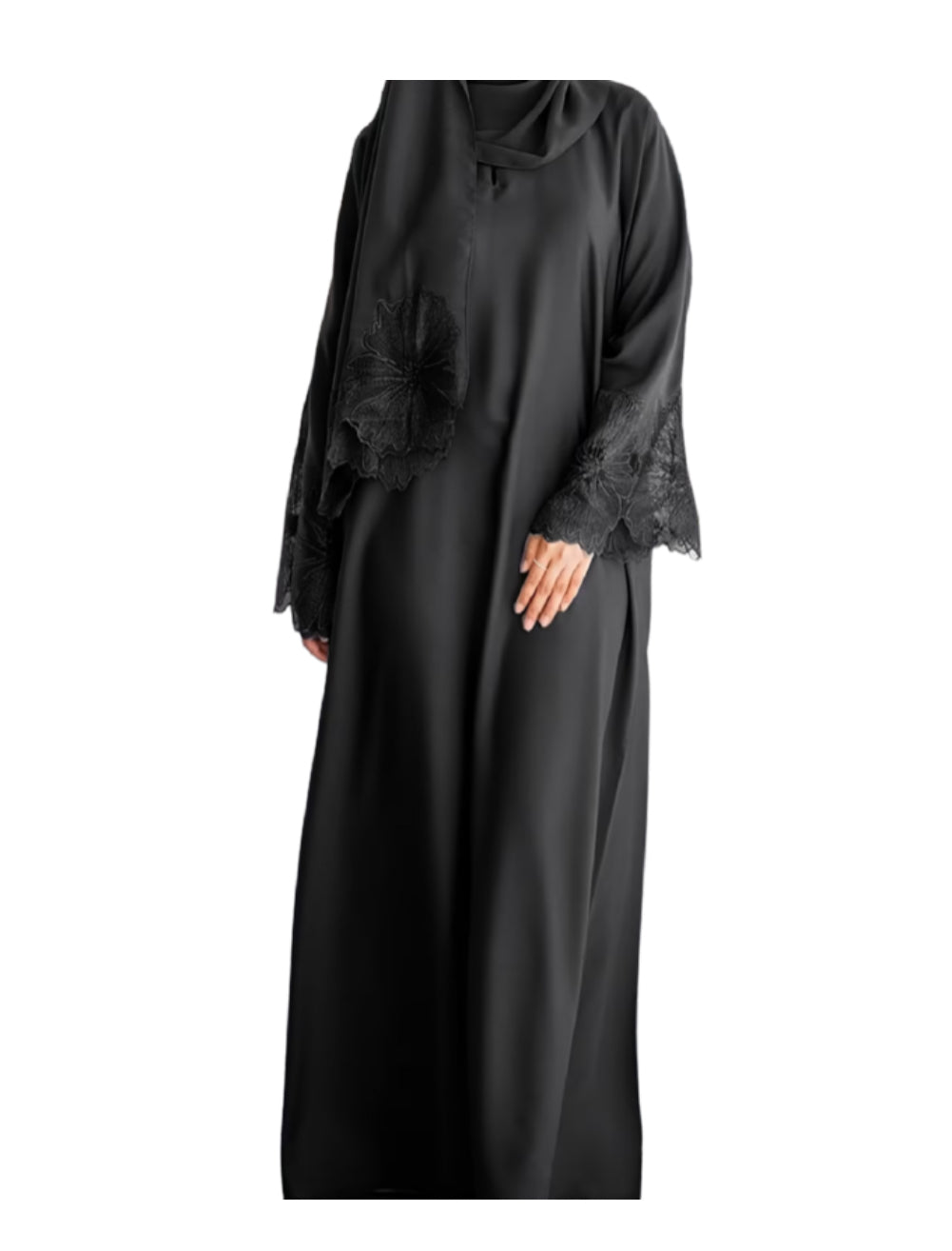 Lace Floral Abaya Set - Black Only