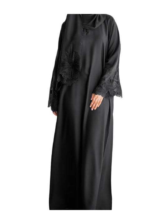 Lace Floral Abaya Set - Black Only